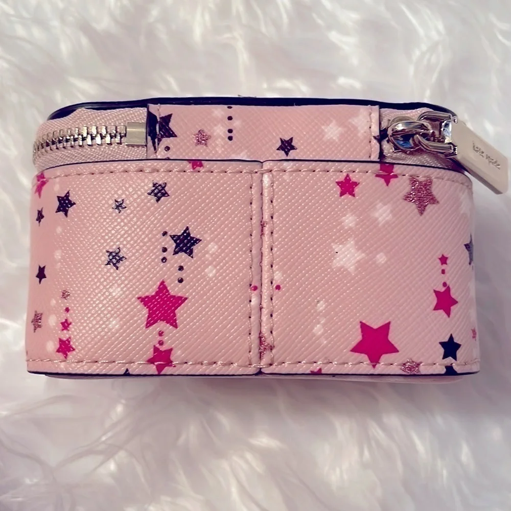 Brand New Kate Spade Genuine Leather Pink Stars Zippered Travel Jewelry Box